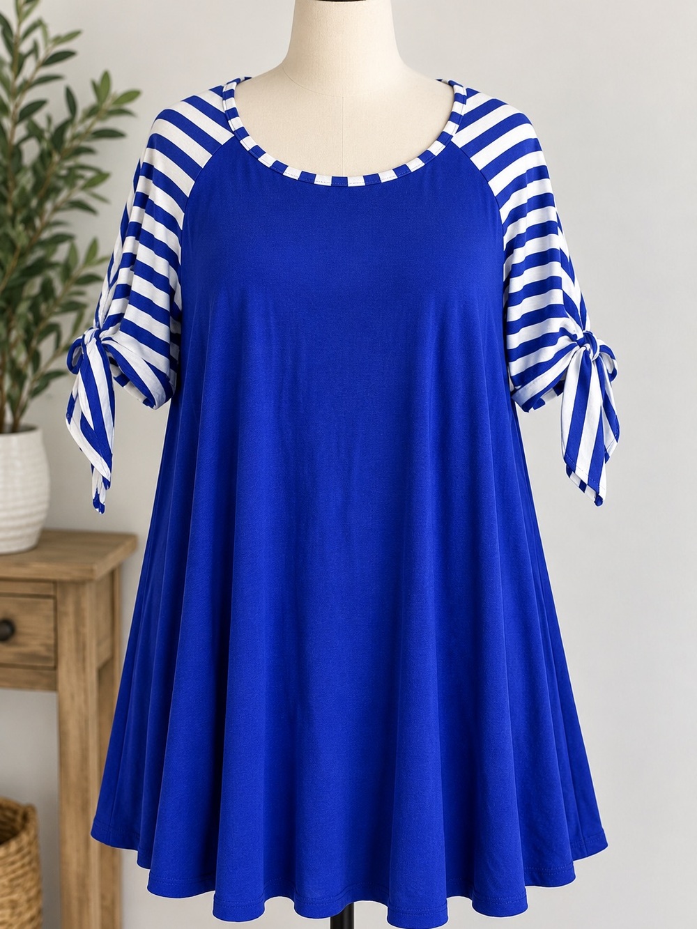 Emerald 3XL Royal Blue Striped Tie Sleeve Swing Tunic Top